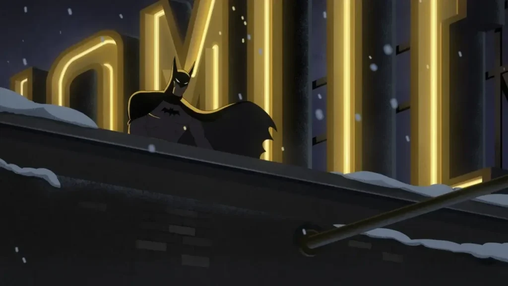 Animated Batman crouching on a snow-dusted rooftop in front of glowing yellow neon building letters in Batman: Caped Crusader.