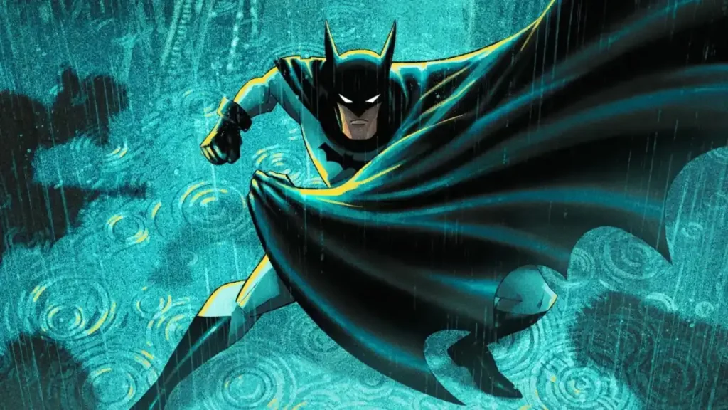 Animated Batman in a crouched, action-ready stance holding his cape in the pouring rain in Batman: Caped Crusader.