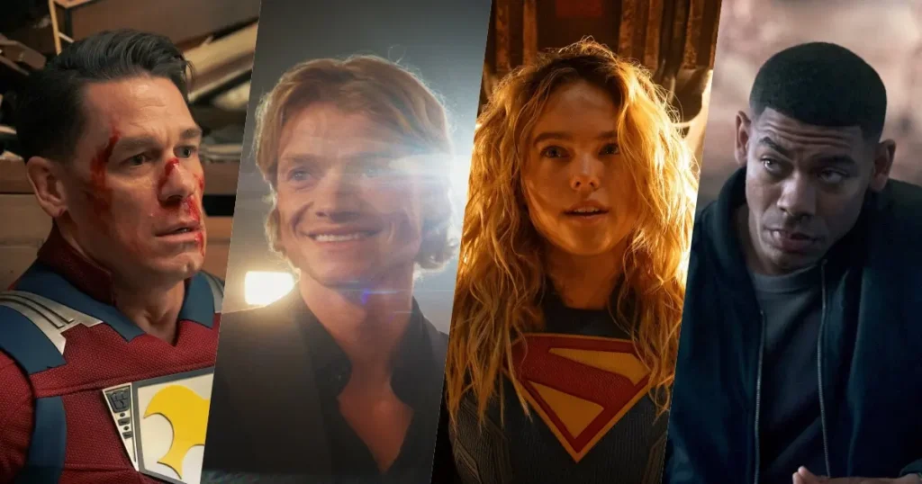 Split screen panel featuring John Cena as Peacemaker, David Corenswet, Milly Alcock as Supergirl, and Aaron Pierre.