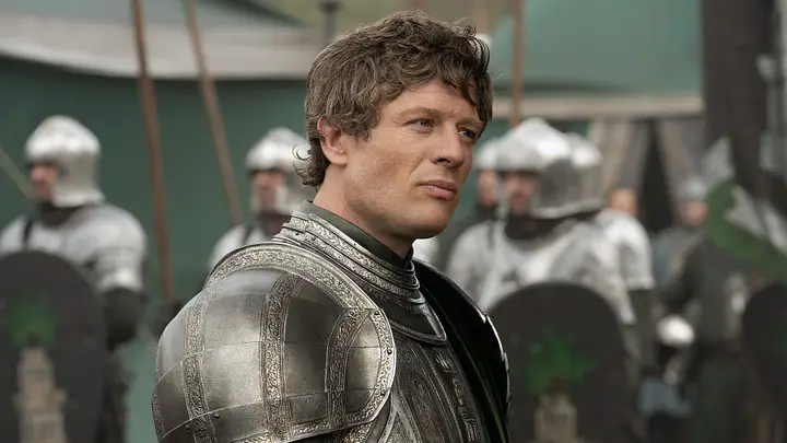James Norton as Ser Ormund Hightower clad in detailed silver plate armor in House of the Dragon.