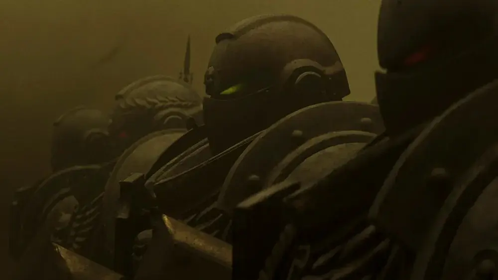 A squad of heavily armored Space Marines in dark pauldrons standing in formation amid yellow haze in Warhammer 40k Secret Level.
