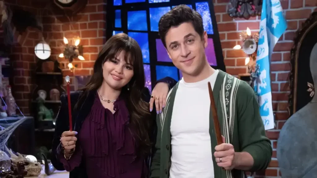 Selena Gomez as Alex Russo and David Henrie as Justin Russo holding magic wands in Wizards Beyond Waverly Place.