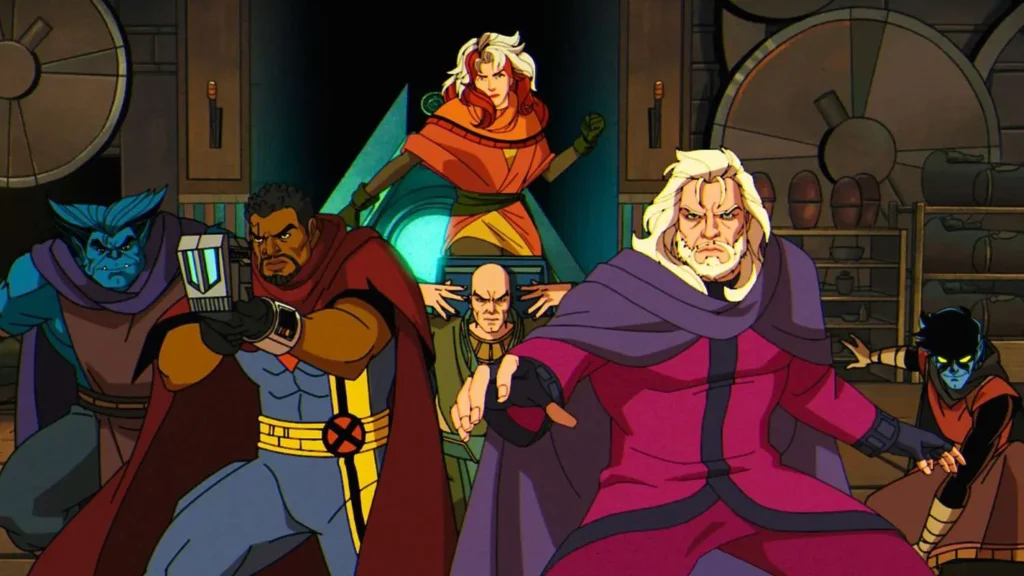Magneto leading Rogue, Bishop, Beast, Nightcrawler, and Professor X in an ancient-looking chamber in X-Men '97.