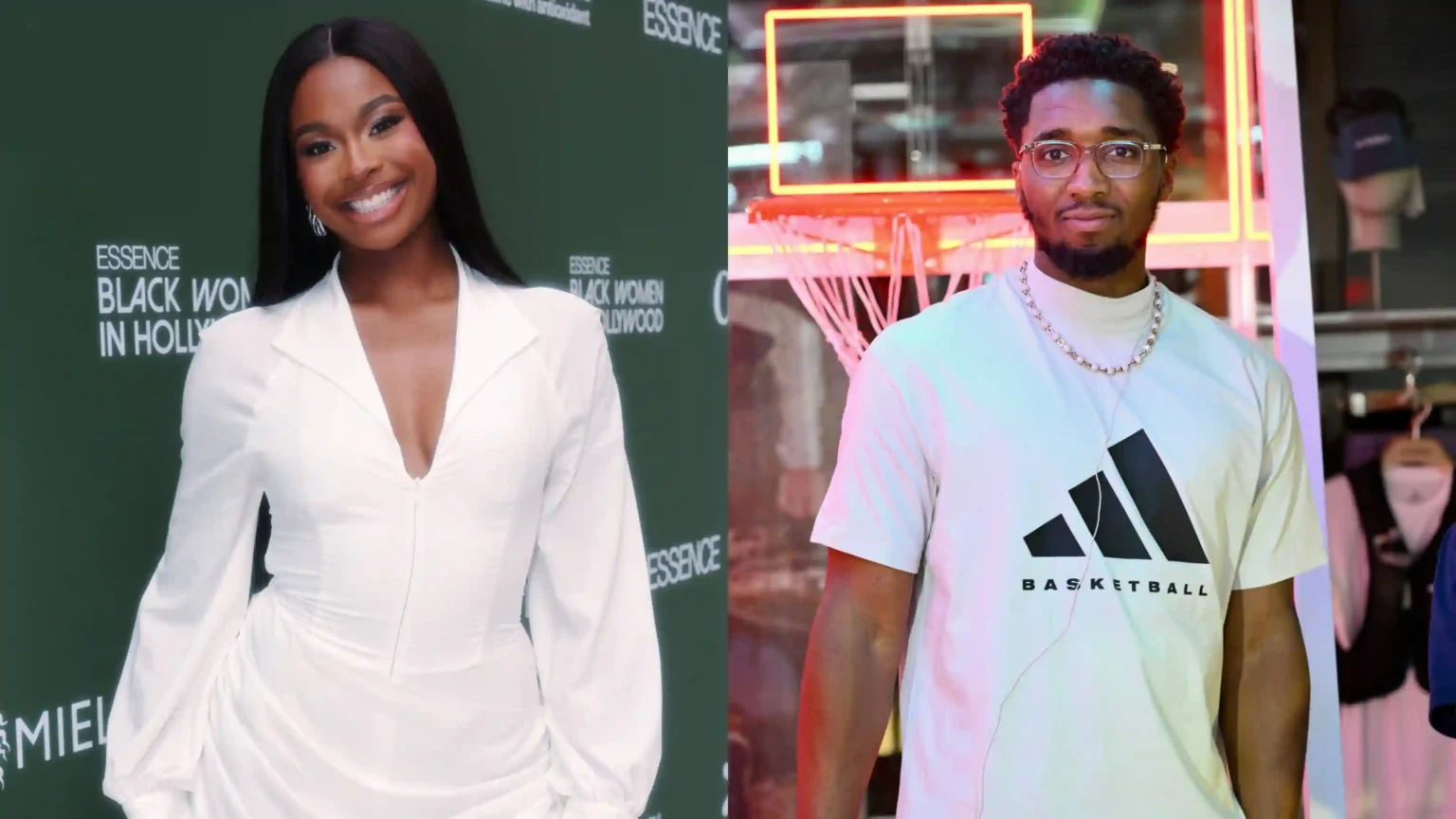 Donovan Mitchell and Coco Jones Are Married A side-by-side composite image featuring actress Coco Jones smiling in a white dress on the left and NBA player Donovan Mitchell in a white Adidas basketball shirt and clear glasses on the right.
