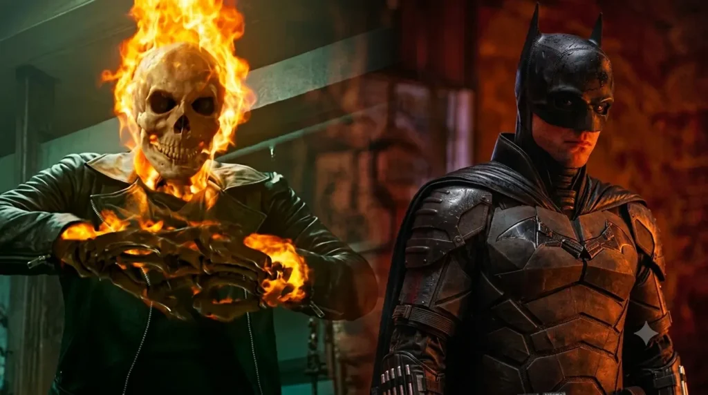 Marvel’s Ghost Rider Movie Could Borrow The Batman’s Boldest Storytelling Trick Split image showing Marvel's Ghost Rider with a flaming skull head on the left and Robert Pattinson's Batman in a dark suit on the right.