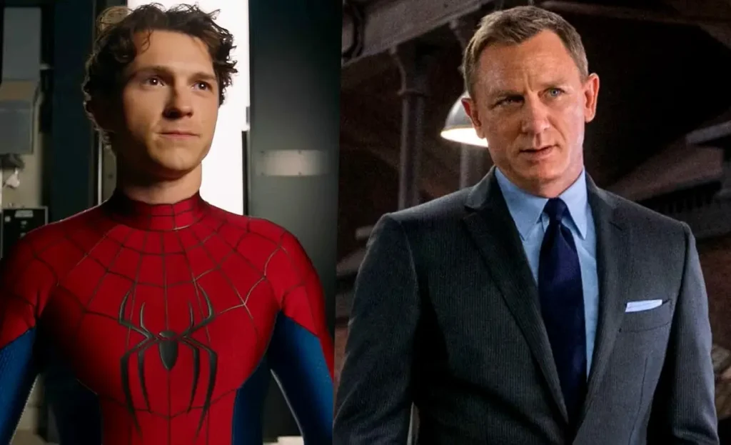 Split image showing Tom Holland unmasked as Spider-Man on the left and Daniel Craig as James Bond in a suit on the right.