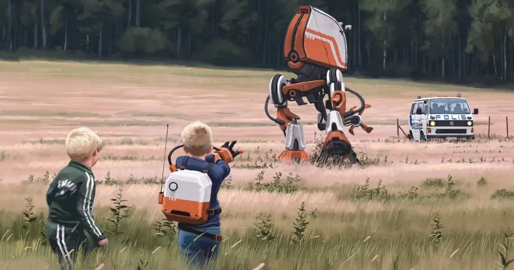 Concept art by Simon Stålenhag for Tales from the Loop showing two young blonde boys in a field watching a large orange-and-white bipedal robot near a Swedish police van.