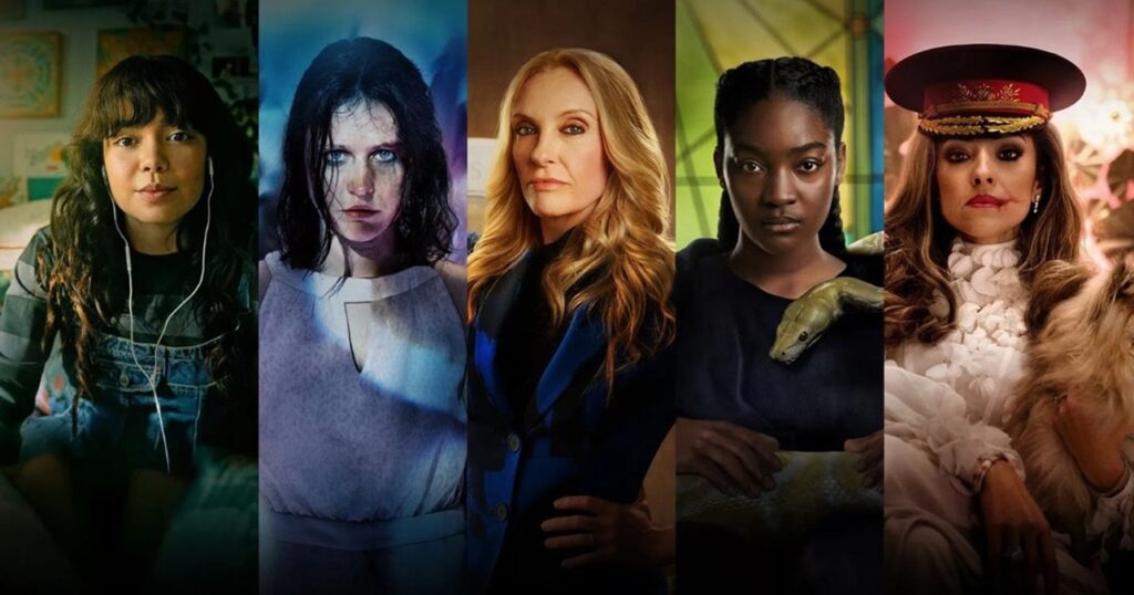 A five-panel promotional banner for The Power featuring main characters Auliʻi Cravalho, Zrinka Cvitešić, Toni Collette, Halle Bush, and Zrinka Cvitešić/military figure in distinct lighting styles.