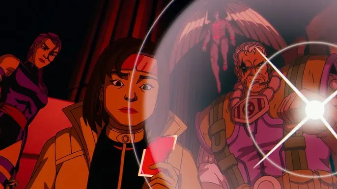 Jubilee, Psylocke, Cable, and Archangel targeted by a spherical glass scope in a scene from X-Men '97.
