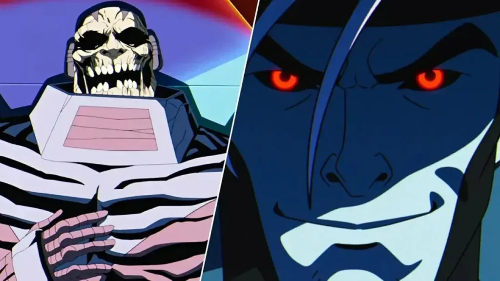 Split screen featuring a skull-faced character and Gambit with glowing red eyes from X-Men '97.