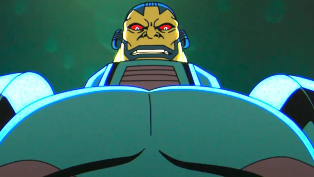 Apocalypse looking down with glowing red eyes in an animated scene from X-Men '97.