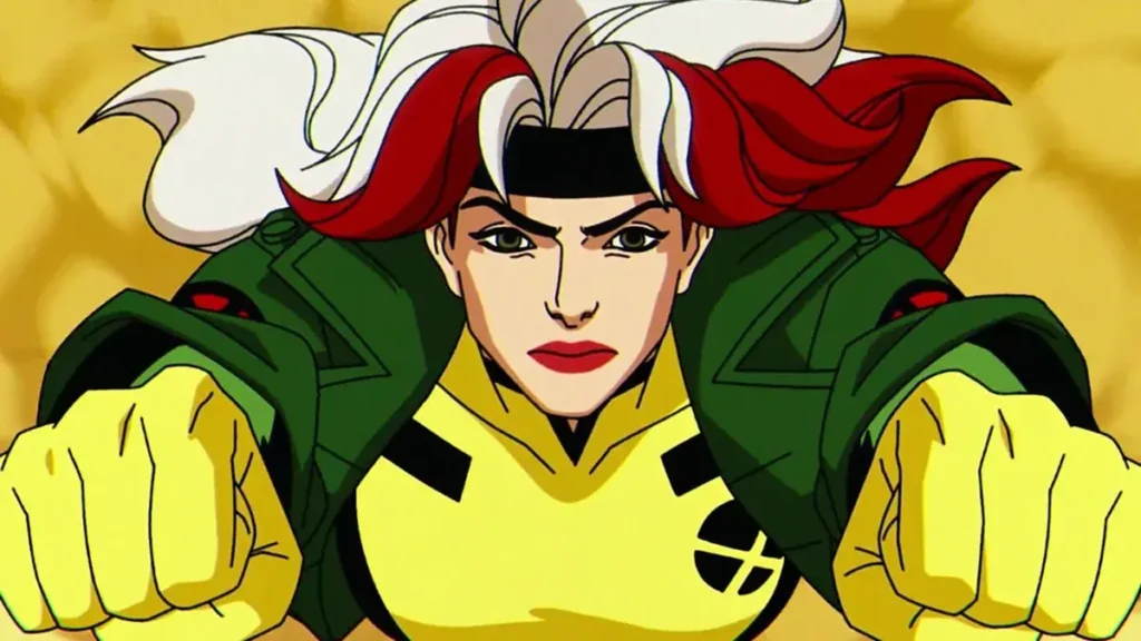 Rogue flying forward with fists clutched in an animated action scene from X-Men '97.